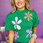 Bright Green Floral Bubble Short Sleeve Knitted Top