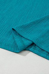 Blue Plain Crinkled V Neck Flounce Sleeve T Shirt
