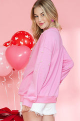 Pink Pearl Decor Ribbed Contrast Round Neck Sweatshirt - Ninonine