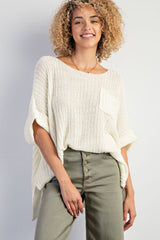 White Knit Patched Pocket Split Baggy Short Sleeve Top