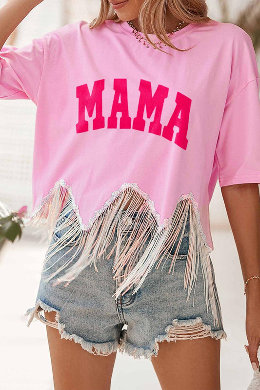 Pink MAMA Letter Graphic Sequin Tassel Hem T Shirt