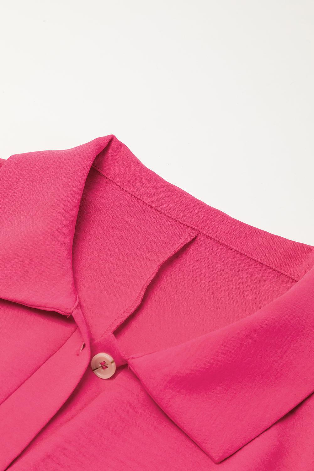Bright Pink Plain Half Button Collared Pocket Loose Romper - Ninonine