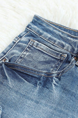 Light Blue Button Fly Distressed High Rise Denim Shorts