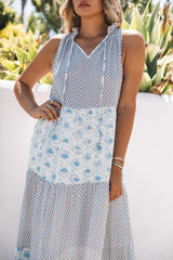 Light Blue Patchwork Sleeveless V Neck Summer Tiered Dress