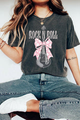 Black ROCK N ROLL Bowknot Guitar Graphic T Shirt