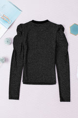 Black Gigot Sleeve Metallic Knit Slim Fit Top