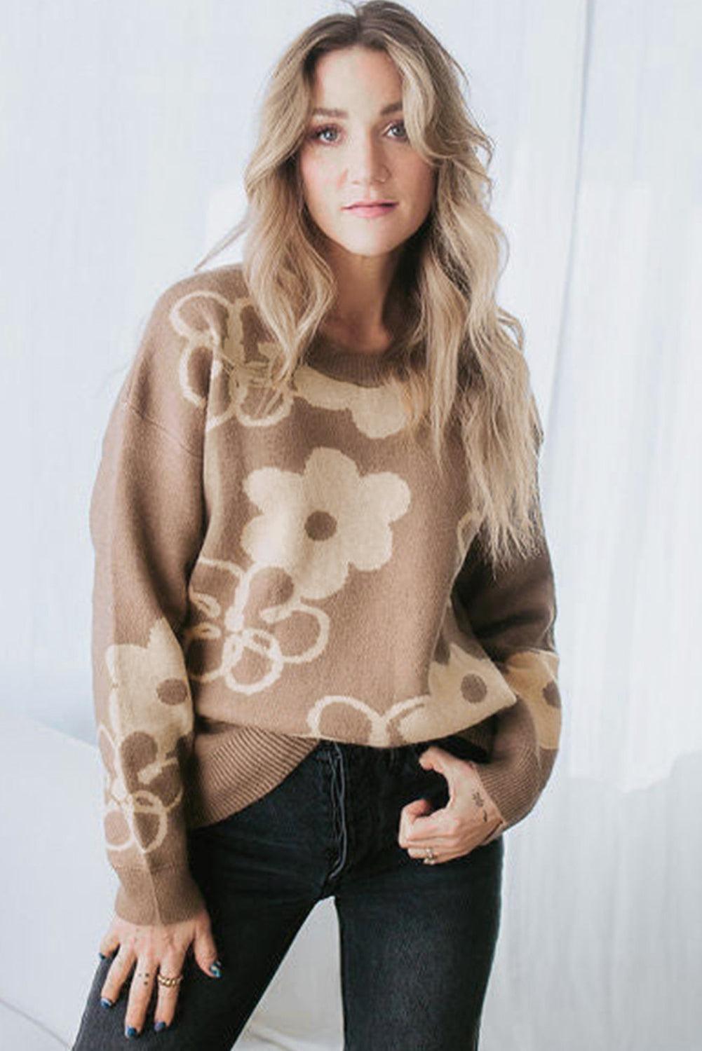 Camel Floral Print Ribbed Contrast Sweater - Ninonine