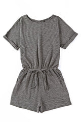 Gray Solid Casual Ribbed Elastic Waist Romper