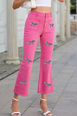 Pink Sequin Bow Knot Raw Hem High Waist Flared Pants
