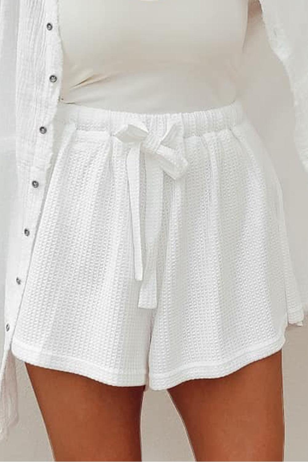 White Waffle Knit Lace-up High Waist Wide Leg Shorts