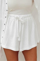 White Waffle Knit Lace-up High Waist Wide Leg Shorts