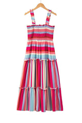 Red Stripe Ruffled Straps Smocked Tiered Long Dress - Ninonine
