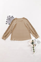 Light French Beige Lace Crochet Patched Crew Neck Top