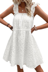 White Ruffle Straps Frill Trim Textured Vacation Dress
