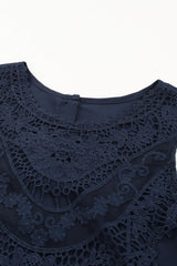 Dark Blue Contrast Lace Crochet Button Back Sleeveless Shirt