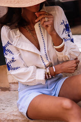 White Floral Embroidered Button Up Boho Blouse