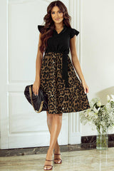 Black Leopard Print Flutter Sleeve Bow Belted Dress
