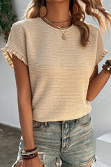 Apricot Textured Round Neck Frill Short Sleeve Blouse