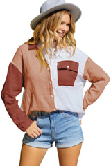 Brown Color Block Pockets Textured Long Sleeve Shacket