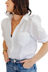 White Solid Color Button Up Puff Sleeve Shirt