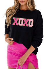 Black XOXO Chenille Letter Round Neck Casual Sweater - Ninonine