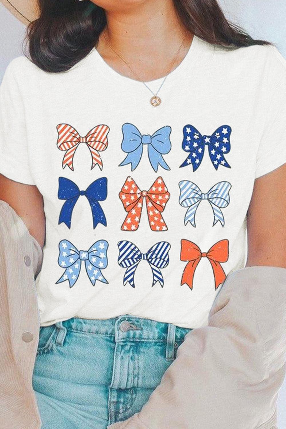 White Stars and Strip Bowknot Graphic Crew Neck Tee
