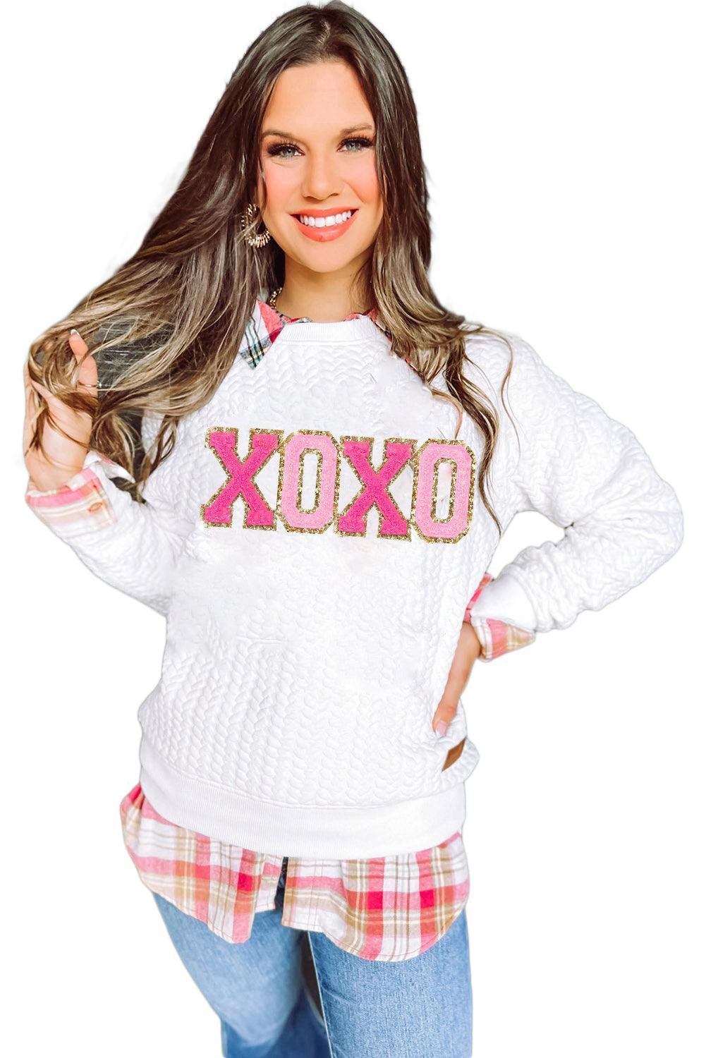 White XOXO Chenille Letter Patch Quilted Sweatshirt
