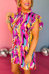 Rose Abstract Print Frill Neck Ruffle Sleeve Mini Dress