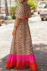 Bright Pink V-neck Leopard Print Colorblock Maxi Dress - Ninonine