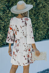 White V Neck 3/4 Sleeve Floral Dress
