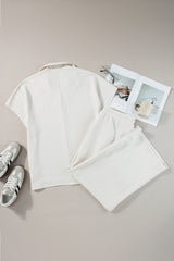 Beige Plus Size Textured Collared Top and Drawstring Pants Set