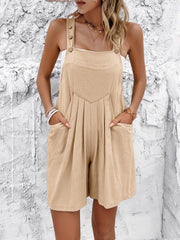 Light French Beige Button Shoulder Strap Pleated Pocketed Romper