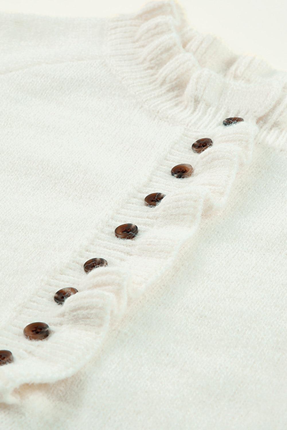 Beige Frill Trim Button Casual Knit Pullover Sweater - Ninonine