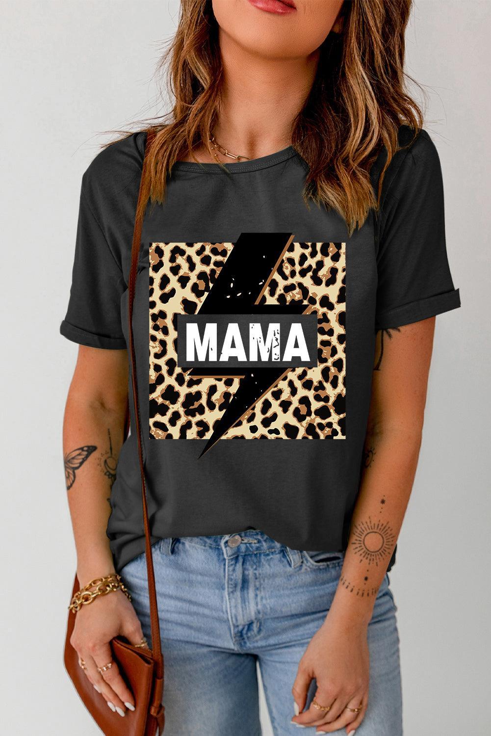 Black Mama Lightning Leopard Print Graphic Tee - Ninonine