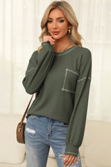 Mist Green Contrast Exposed Stitching Waffle Knit Top