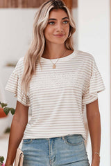 Apricot Striped Lace Splicing Ruffle Sleeve T-shirt - Ninonine