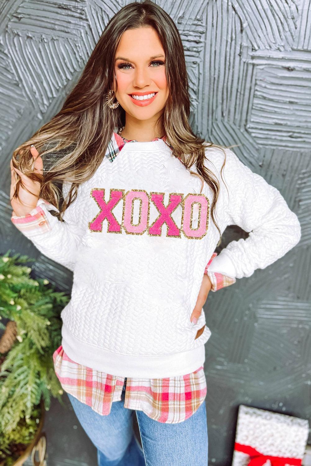 White XOXO Chenille Letter Patch Quilted Sweatshirt