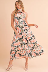 Black Knotted Halter Floral Print Ruffle Tiered Maxi Dress