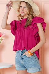 Rose Red Ruched Frilled Neck Ruffle Blouse