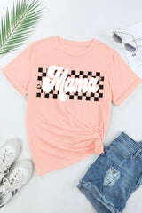Pink Mama Checkered Graphic O Neck Casual T Shirt