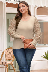 Parchment Plus Hollowed Lace Sleeve Square Neck Ribbed Top - Ninonine
