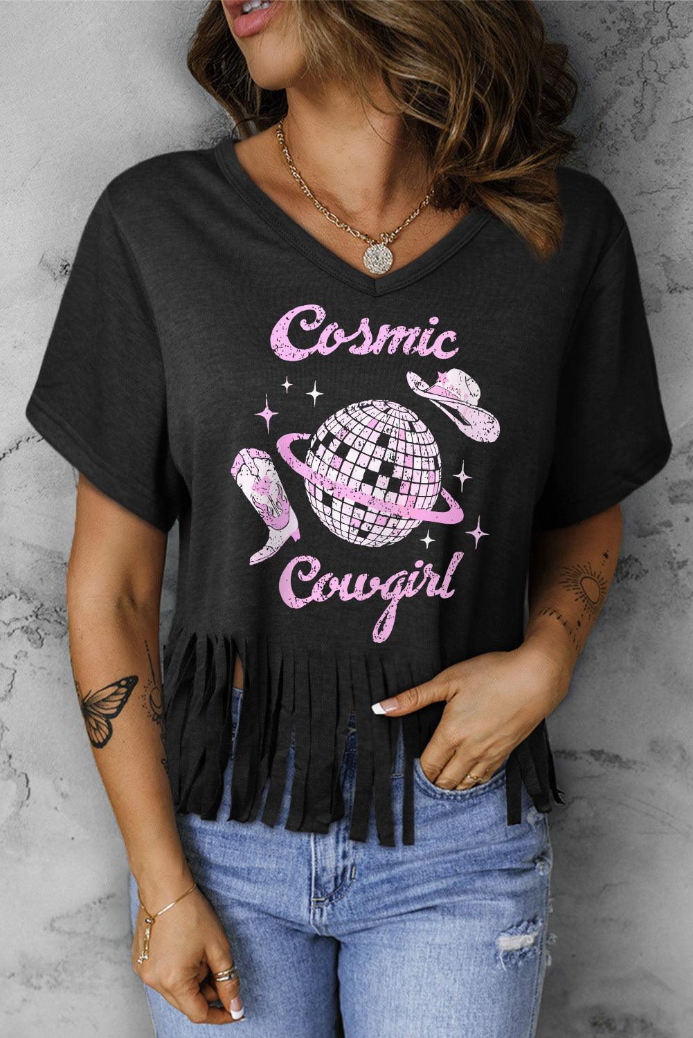Black Cosmic Cowgirl Disco Ball Graphic Tasseled V Neck T Shirt - Ninonine