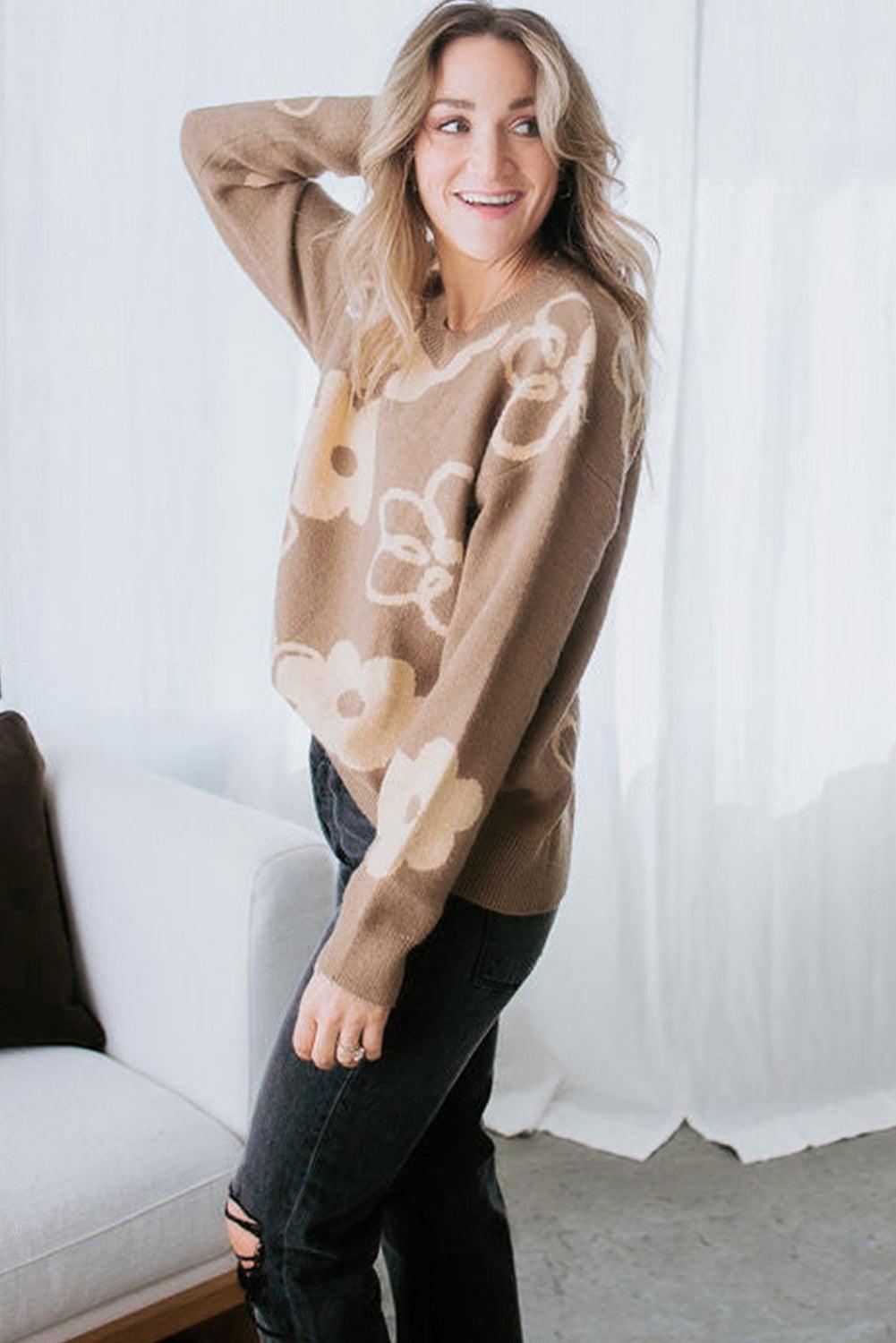 Camel Floral Print Ribbed Contrast Sweater - Ninonine