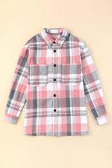 Pink Long Sleeve Collared Button Up Flannel Shacket - Ninonine