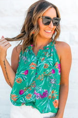 Bright Green Boho Floral Print Button Front Sleeveless Blouse