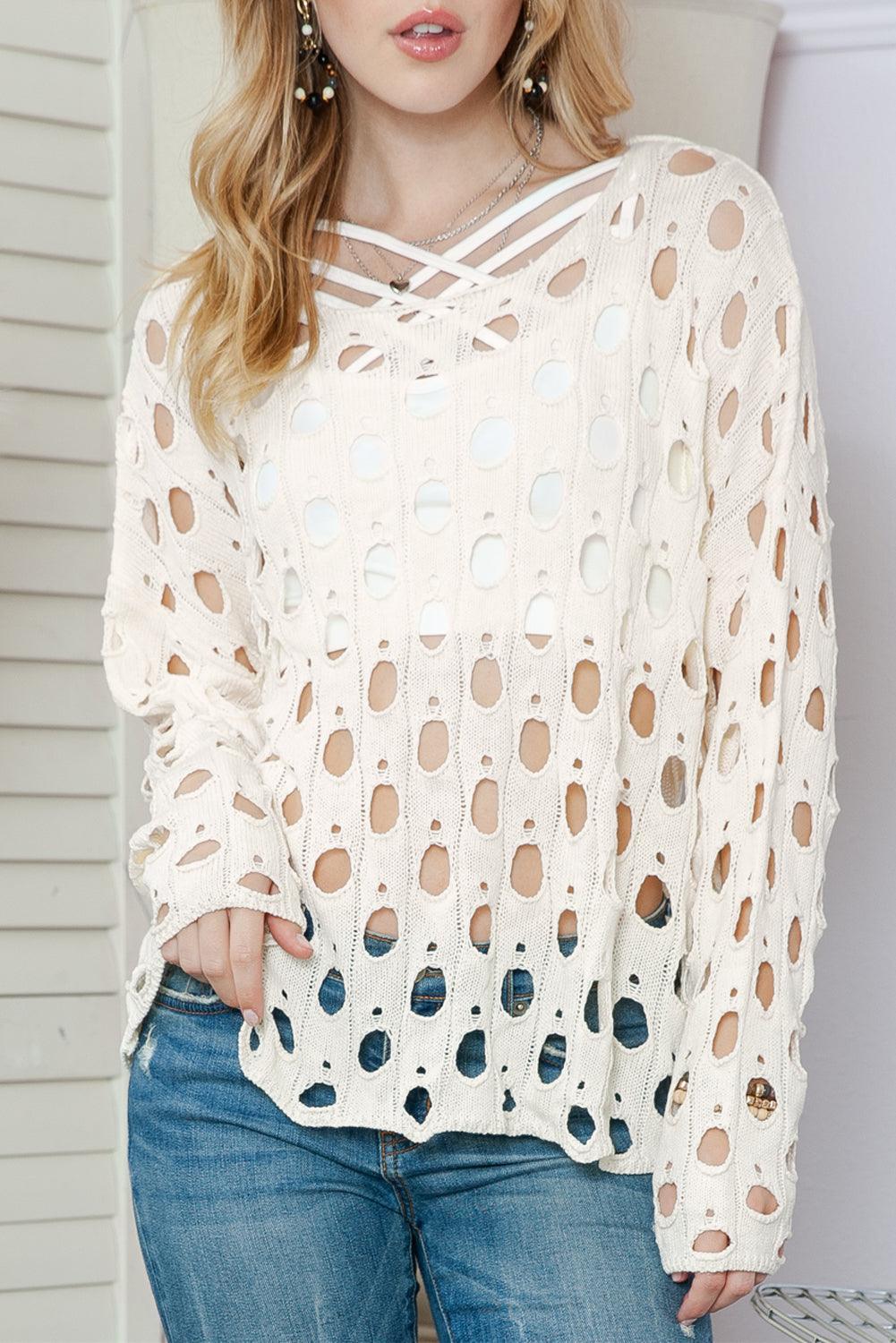 Beige Hollow Out Distressed Long Sleeve Pullover Sweater - Ninonine