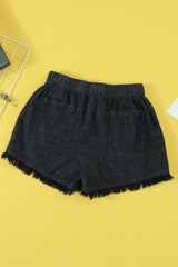 Black Casual Drawstring Pocketed Frayed Hem Denim Shorts