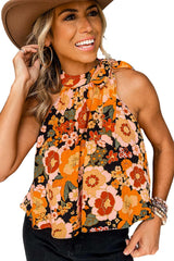 Wholesale Orange Floral Print Boho Knotted Halter Sleeveless Shirt