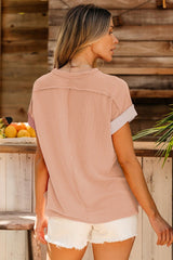 Apricot Pink Colorblock Ribbed Round Neck T Shirt
