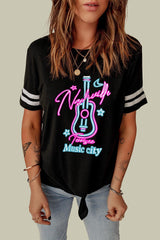 Black Music City Guitar Print Striped Sleeve Graphic T Shirt - Ninonine